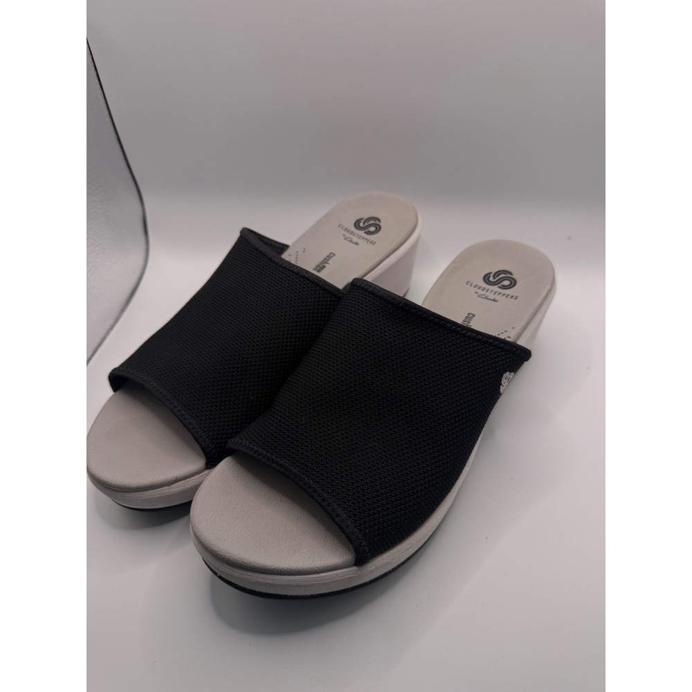 Clarks Cloudsteppers Sandals Womens 9.5 Black Good Wedge Slide Stretch Comfort